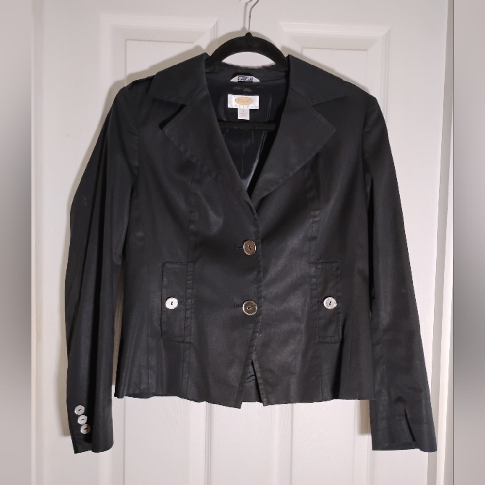 Military Style Lined Black Cotton Blend Blazer Jacket Talbots